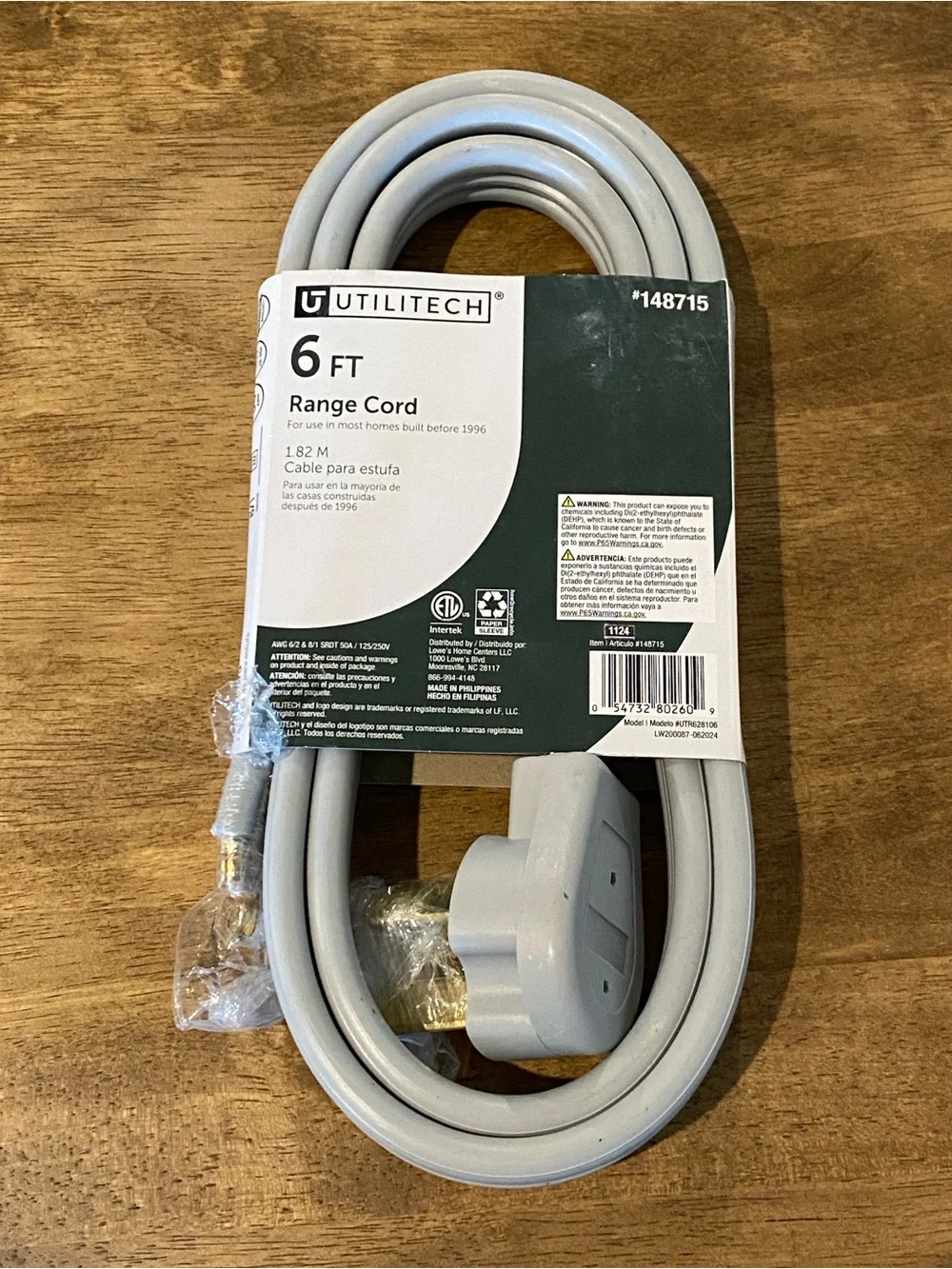 6 ft Gray Appliance Range Cord - 50 amp